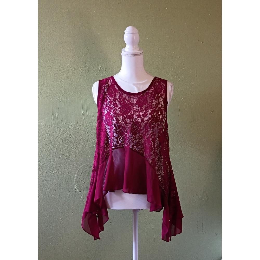 Whimsigoth Coquette Burgundy Lace Chiffon High Low Top Blouse Womens L Large